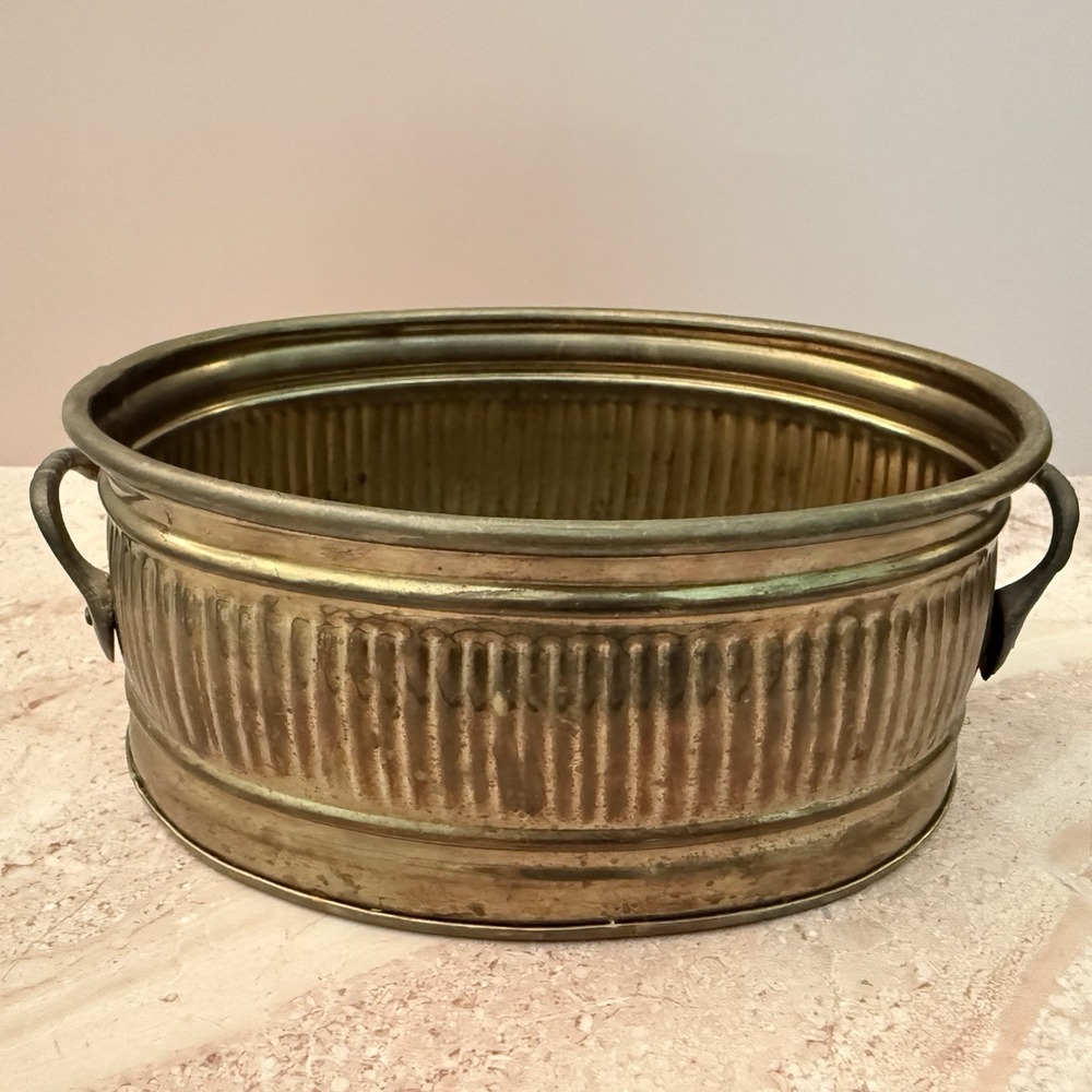 Vintage Hosley Brass Ribbed Cachepot Planter Oval Jardiniere with Handles India
